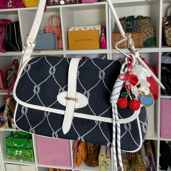 Dooney & Bourke Nautical Rope Navy Canvas & White Leather Monogram Shoulder Bag
